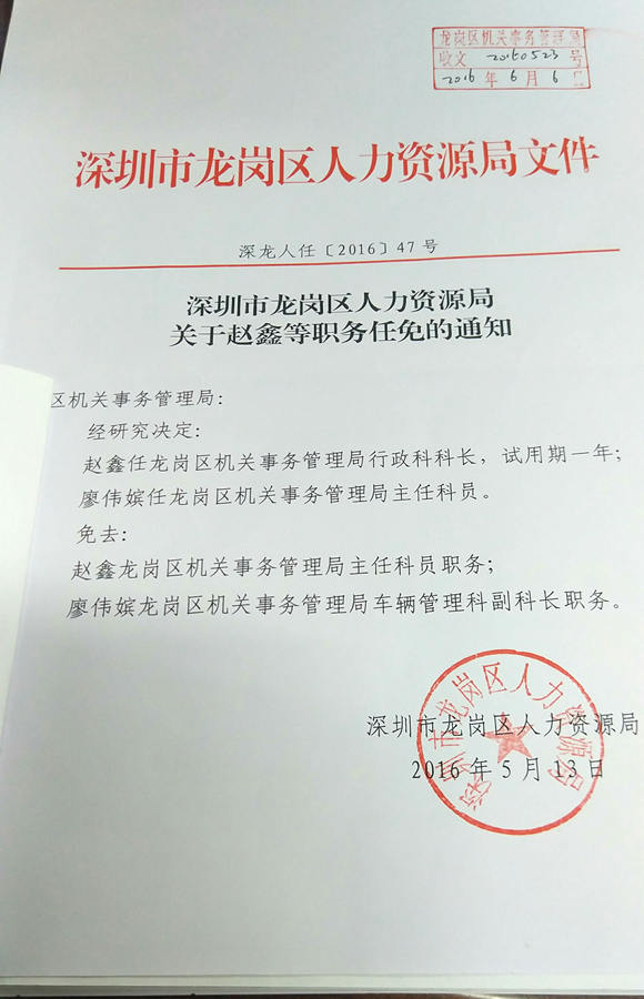 深圳市龙岗区人力资源局关于赵鑫等职务任免的通知